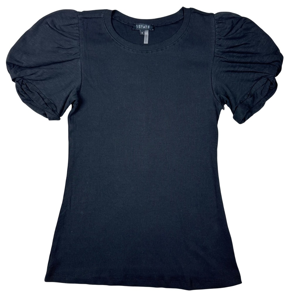 1 STATE Ribbed Knit Puff Sleeve T Shirt Womens Small‎ Black Elevated Basics Chic